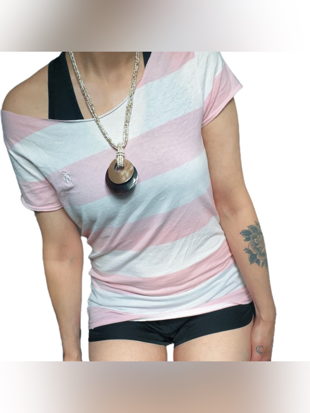 Y2K Ralph Lauren Pink White Off Shoulder Tee